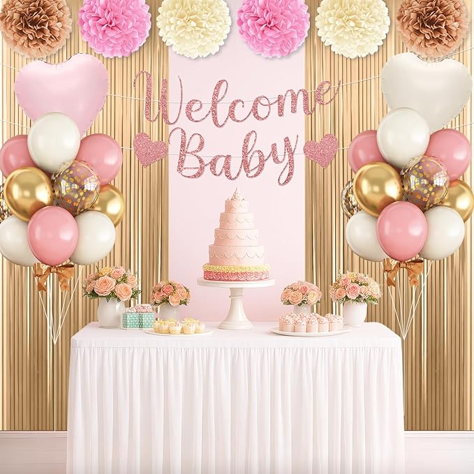 Dusty Pink Baby Shower Decorations for Girl,Welcome Baby Banner with Sand White Retro Pink Balloons Fringe Curtains Paper Pom Poms for Boho Baby Shower Gender Reveal Party Supplies