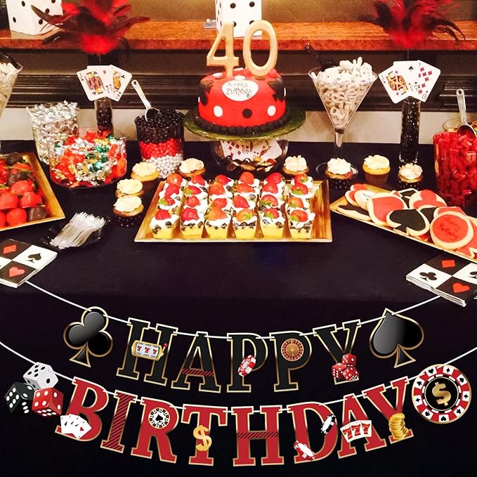 Hooqict Casino Theme Party Decorations Happy Birthday Banner Casino Party Banner Garland for Las Vegas Poker Night Birthday Party Decorations Supplies