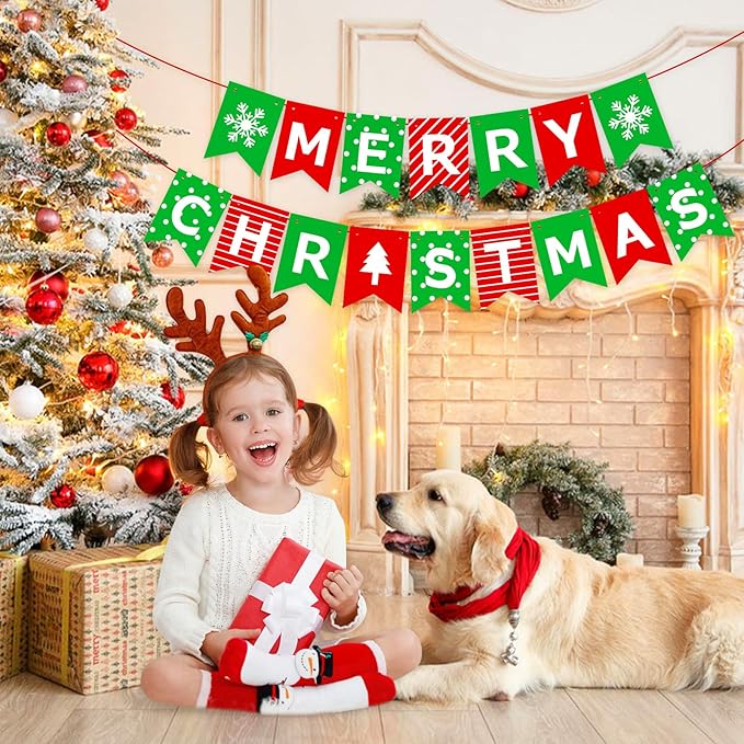 Pre-Strung Christmas Party Decorations – Merry Christmas Banner Indoor,Green Red Vintage Xmas Banner Decor Sign for Festive Holiday Home Party,Fireplace Mantel,Farmhouse,Wall,Window,Office