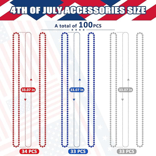 100PCS 4th of July Accessories, Veterans Day Beads Necklace Bulk, Fourth of July Red Blue Silver Necklace Party Favors, Beads for Veterans Day Patriotic Parade Party Celebration Favors Decorations