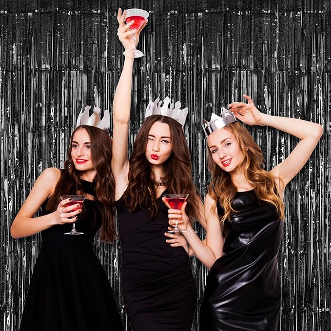 Black Tinsel Foil Fringe Curtain Backdrop, 3.3 x 8.2 ft Metallic Glitter Curtain Streamers, 2 Pack Black Photoboth for Birthday Halloween Bachelorette Party Decorations Photo Booth