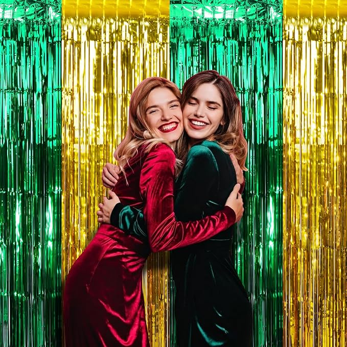 6Pack 3.3Ft x 6.6Ft Graduation Foil Fringe Curtain Backdrop Decorations, Green Gold Metallic Tinsel Foil Streamers Curtain Photo Booth Background for Graduation Prom Wedding Birthday Party Decoration