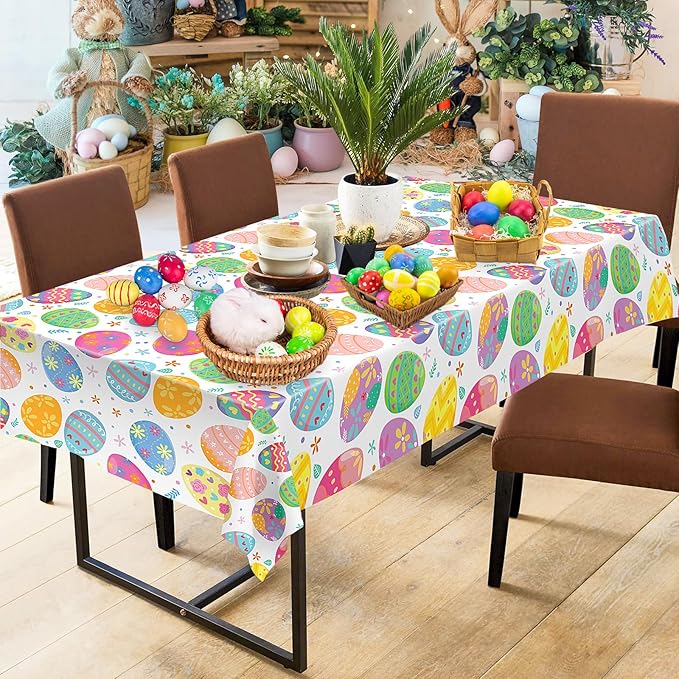 3 Pack Easter Tablecloth - Watercolor Easter Eggs Plastic Table Cloths, Disposable Rectangle Spring Flowers Table Cover for Indoor or Outdoor Tables Decor Party Decorations Supplies, 54" x 108"