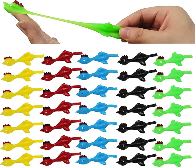 Funiverse 100 Pack Chicken Finger Flingers - Stretchy Rubber Flying Chickens, Multi Color Assortment, Individually Packaged Party Favors for Classroom, Birthday, Halloween