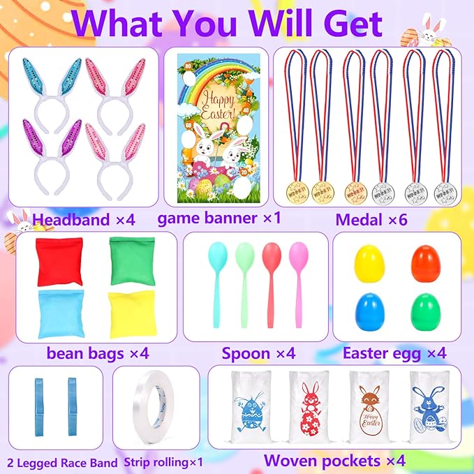 Atonofun Easter Outdoor Party Games for Kids, Potato Sack Race Jumping Bags, Bunny Ears Headbands, Egg and Spoon Race, Legged Relay Race Bands for Easter Theme Party Favor, Easter Eggs Hunt Game