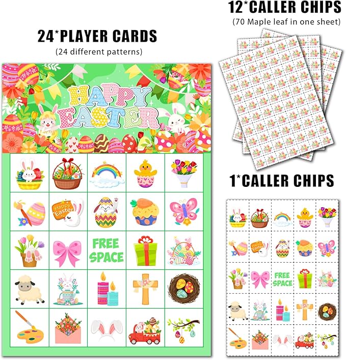 JGCWorker Easter Day Bingo Game Set - Fun Party Supplies for Kids and Adults, 24 Players, Colorful Spring Themed Bingo Craft Cards for School Classroom, Family Activities Party Favors for Kids Adults
