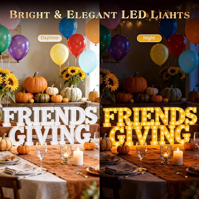 54 Pcs Friends Giving Party Decorations, Light up Letters Sign with 40 Round Pearlescent Balloons, Led Marquee Lights Table Decoration for Friends Themed Party Birthday Galentines Decor Thanksgiving