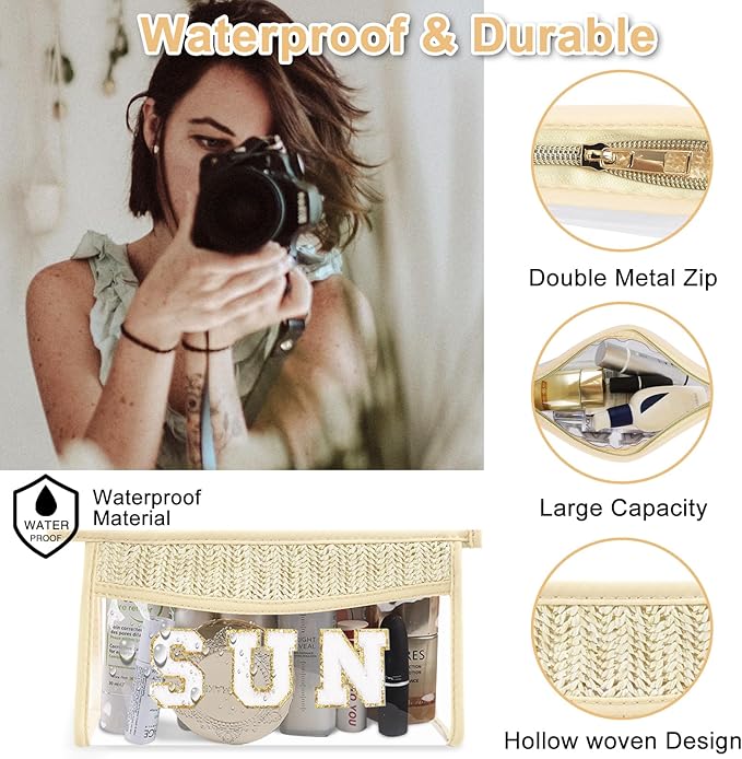 Iqimott Clear Patch Sun Bag Makeup Letter Bag, Boho Preppy Letter Bags for Beach Swim, Waterproof Zipper Make up Bags Toiletry Pouch for Women Girls, Clear Organizer Pouch for Travel(Sun, Beige)