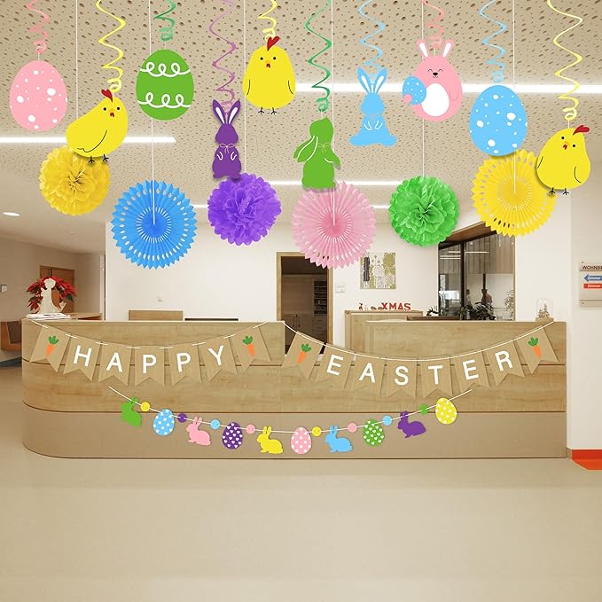 Easter Animal Party Decorations Set for Home: Happy Easter Banner Egg Bunny Hanging Swirls Yellow Purple Green Pom Pom Ornaments Spring Decor for Indoor Birthday Party Supplies