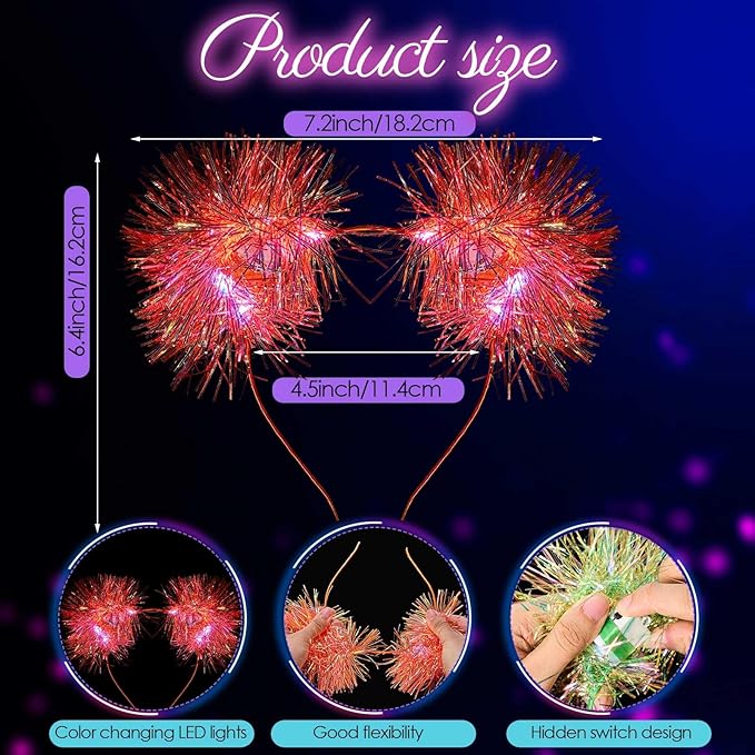 Juexica 16 Pcs Light up Cat Ears Headband with Color Change LED Cat Headband Rave Hair Accessories for New Year Party(Vivid Color)