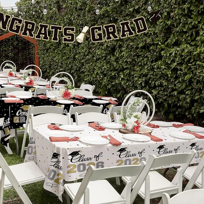 2026 Graduation Decorations : 2-Pack Congrats Grad Disposable Tablecovers - Class of 2026 Black and White Themed Table Cloths, for Graduation Party Supplies & Graduation Backdrop, 54" X 108"