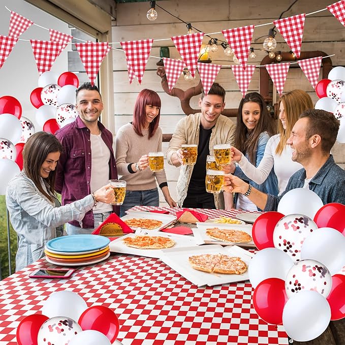 4 Packs 51 x 71 Inch Gingham Plaid Table Covers, 2 Pieces Buffalo Lumberjack Checkered Pennant Banner, 44 Pieces Latex Balloons for Picnic BBQ Birthday Party Decoration (Red White Plaid)