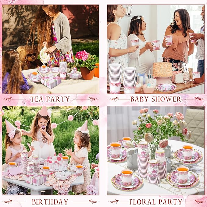 Pickmesh 250 Pcs Floral Party Disposable Tableware Set Paper Plates and Napkins Cups Supplies Tea Party Theme Dinner Dinnerware for Birthday Bridal Baby Shower wedding Decoration Serves 50