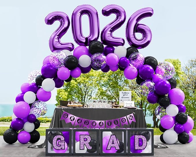 Graduation Party Decoration Class of 2026 86PCS Purple & Black Graduation Party Supplies High School College Grad Balloon Boxes with Letter, LED String Light, Foil Curtain, Balloon Garland Kit