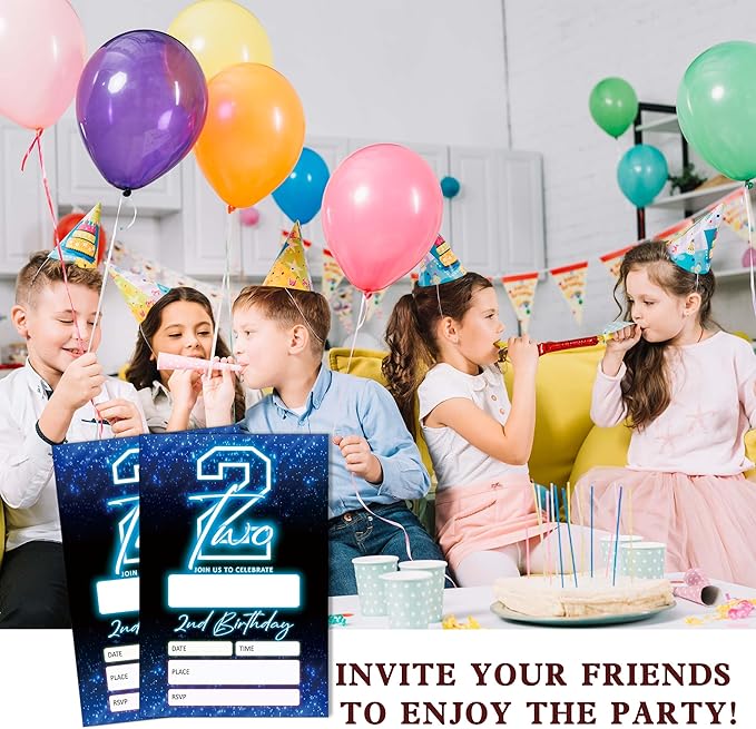 SIXEIGHT Blue 2nd Birthday Invitations for Boys, Neon Glow Party Invitations for Girls Kids, 20 Pack Double Sided Invite Cards with Envelopes, 2nd Glow Neon Birthday Party Decorations, 4x6 Inch-C02