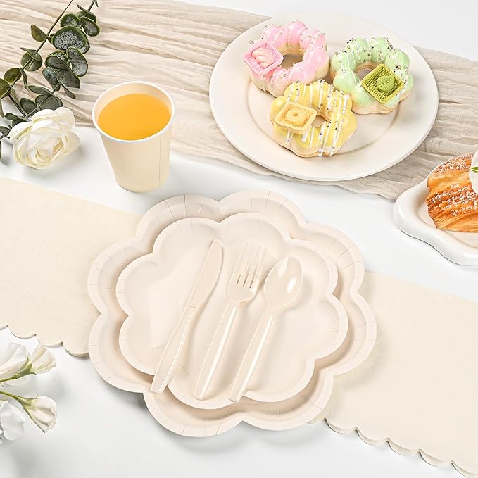 350 Pcs Ivory Paper Plates and Napkins Set, Tableware Set for 50 Guests Include Disposable Ivory Scalloped Plates, Napkins, Cups, Knives, Forks & Spoons for Baby Shower Wedding Bridal Shower Birthday