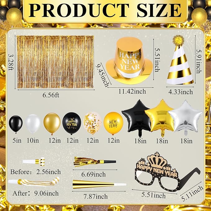 Junkin 124 Pcs New Years Eve Party Supplies 2026 Kit for 18 Guests Include Hats Glasses Blowouts Trumpet Balloons Banners Fringe Curtain Ambient Lights New Years Decorations Party Favors