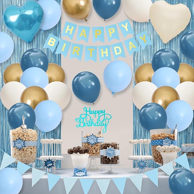 Blue Birthday Decorations,Blue Party Decorations with Dusty Blue White Sand Gold Balloons Happy Birthday Banner Fringe Curtain Light Blue Birthday Party Decor for Boy Kids Baby Men