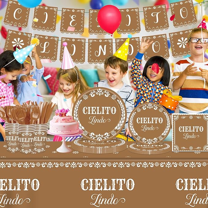 142 pcs Cielito Lindo Baby Shower Tableware, Mexican Theme White Talavera Baby Girl Shower Party Decoration Paper Plates Napkins Forks Serves 20