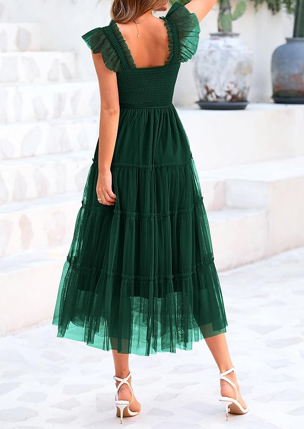 PRETTYGARDEN Women's Summer Tulle Midi Dress Sleeveless Smocked Ruffle Flowy Mesh Dresses Party Wedding Guest Sundress