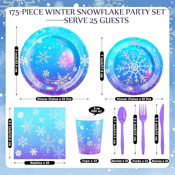 Kochorie 175 Pieces Frozen Iridescent Winter Snowflake birthday Party Supplies Frozen Disposable Party Tableware Set Paper Plates Napkins Cups for Christmas Winter Wonderland Decorations, Serve 25