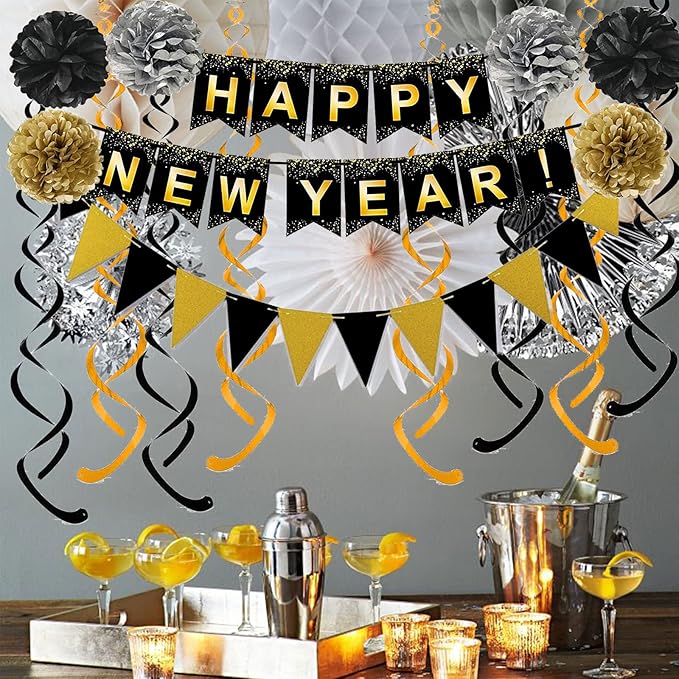 Happy New Year Set Black Banner with Gold Black Paper Flag Bunting Swirl Streamers & Pom Poms for Happy New Year Party Decorations