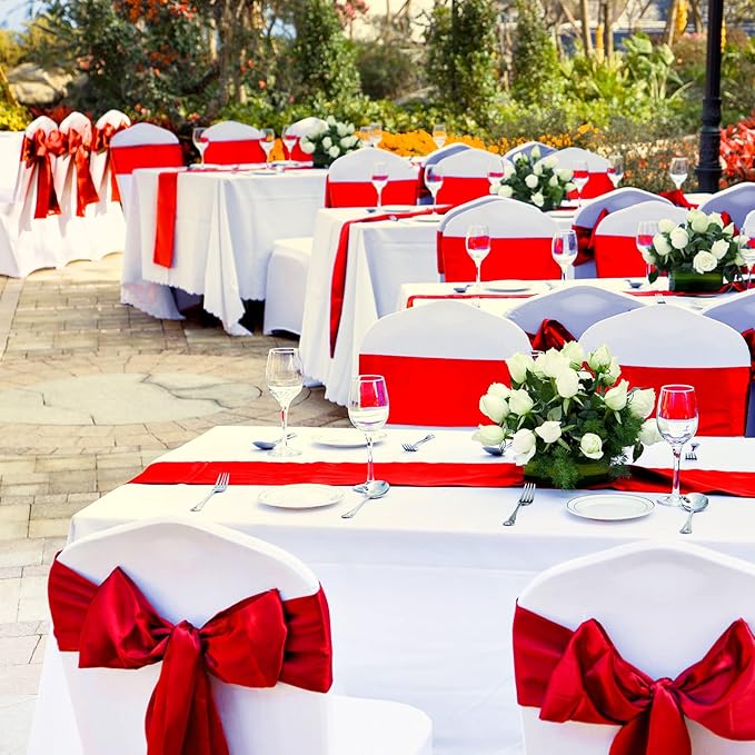 12Pack 12x108 Inch Satin Table Runner and 54x108 Inch Plastic Tablecloths Set Red and White Disposable Rectangle Table Cover for Graduation Wedding Bridal Shower Anniversary Birthday Party Decorations