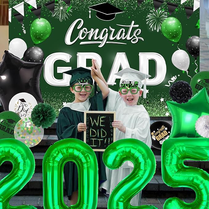 Green Black Graduation Decorations 2025 - Graduation Latex Balloons with Congrats GRAD Backdrop Banner, 2025 Number Balloons, Paper Pom Poms for College Celebrations Graduations Party Supplies