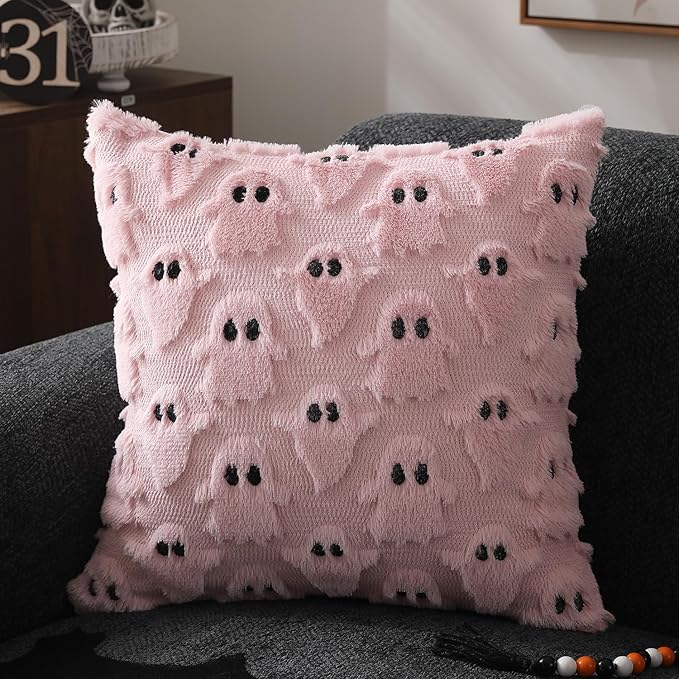 DFXSZ Halloween Pillow Covers 20x20 inch Set of 2 Pink Ghost Throw Pillow Cases Soft Plush Faux Fur Wool Couch Cushion Case for Chair Sofa Bedroom Living Room Home Decor PTK03B20