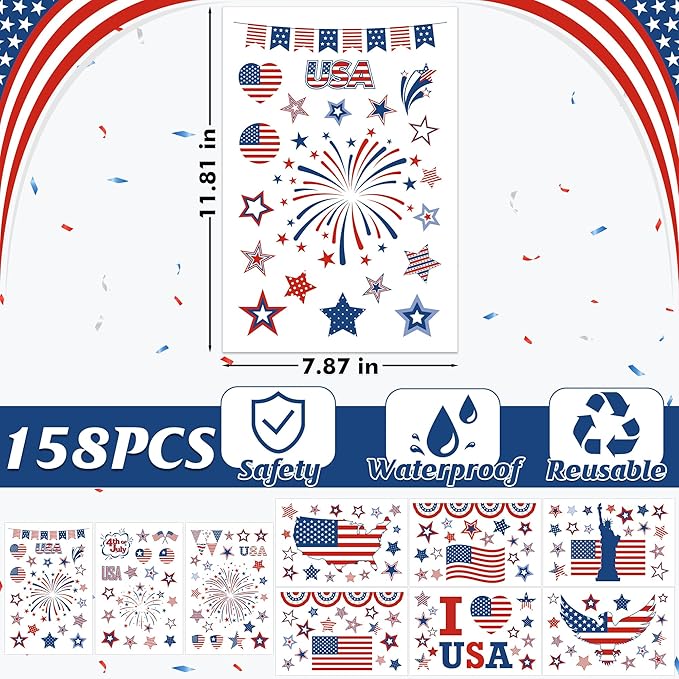 152 Pcs 4th of July Window Clings, 9 Sheets Patriotic Window Clings Decals, Watercolor Double-Sided American Flag Stars Firework Window Stickers for Independence Day Parade Veterans Memorial Day Decor