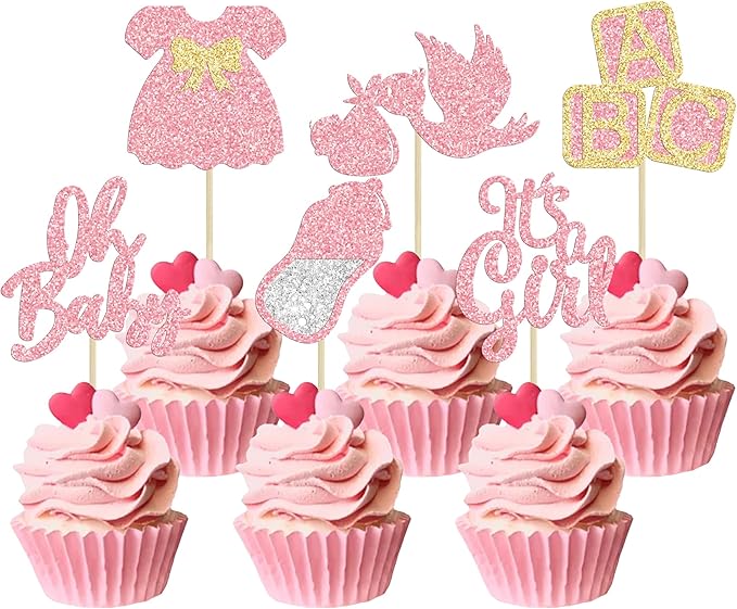 24Pcs Baby Shower Oh Baby Cupcake Toppers with Bow Dress Bottle Swan Pink Glitter It's a Girl Cake Picks Decorations for Baby Shower Gender Reveal Girls Birthday Party Supplies