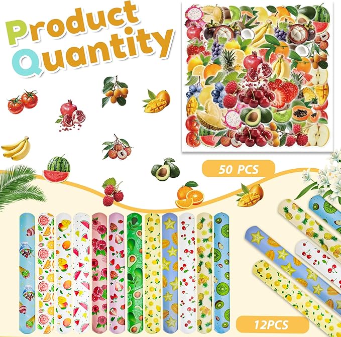 74PCS Fruit Slap Bracelets&Stickers Summer Fruit Theme 24PCS Slap Bracelets 50PCS Stickers Party Favors Basket Bag Filler School Prizes Gifts Party Favors Bulk