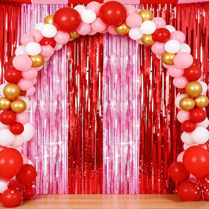 4 Packs Pink and Red Foil Fringe Curtain, Pink Red Metallic Tinsel Backdrop for Birthday, Baby Shower, Princess Bachelorette Party, Valentines Party Decorations Supplies
