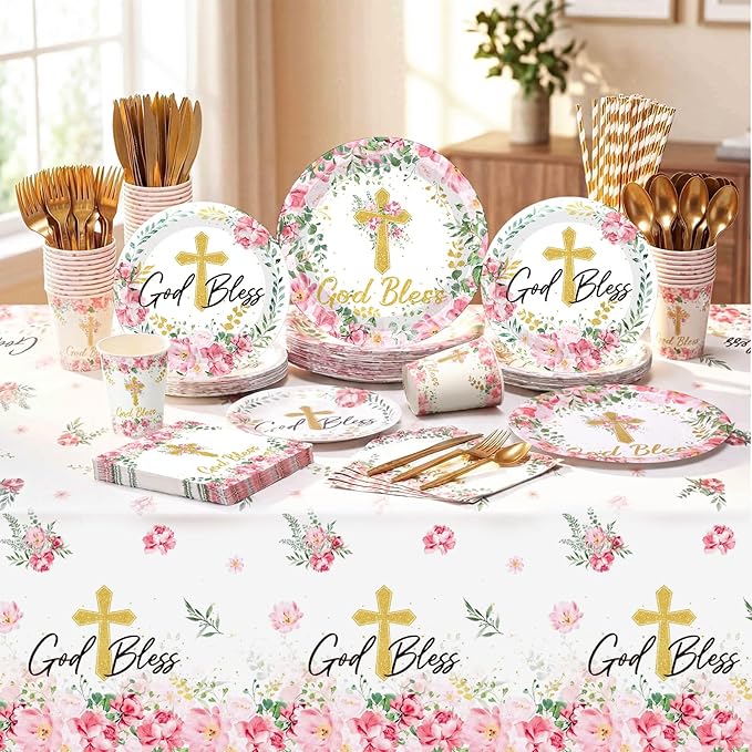 LemonRoad 452 Pcs God Bless Baptism Party Decoration for 50, Floral First Holy Communion Baptism Paper Plate Napkin Cup Tablecloth Cutlery Straw for Christening Baby Shower Party Supplies
