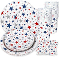 Whaline 96Pcs Patriotic Party Tableware Set with Paper Plates Napkins Cups Red Blue Silver Stars Independence Day Disposable Dinnerware Set for 4th of July Veterans Day Memorial Day Party Table Decor