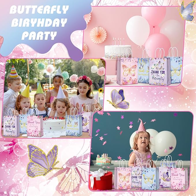 Outus 24 Pcs Spring Butterfly Party Favors Bags Butterfly Goodie Gift Paper Bags with Handles Purple Blue Pink Thank You Candy Treat Pouch for Wedding Baby Shower Birthday Party Decoration Supplies
