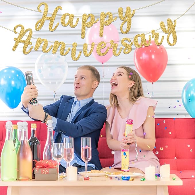 Happy Anniversary Banner Sign Gold Glitter Wedding Bunting Banner Flag Garland for Anniversary Party Decorations Supplies