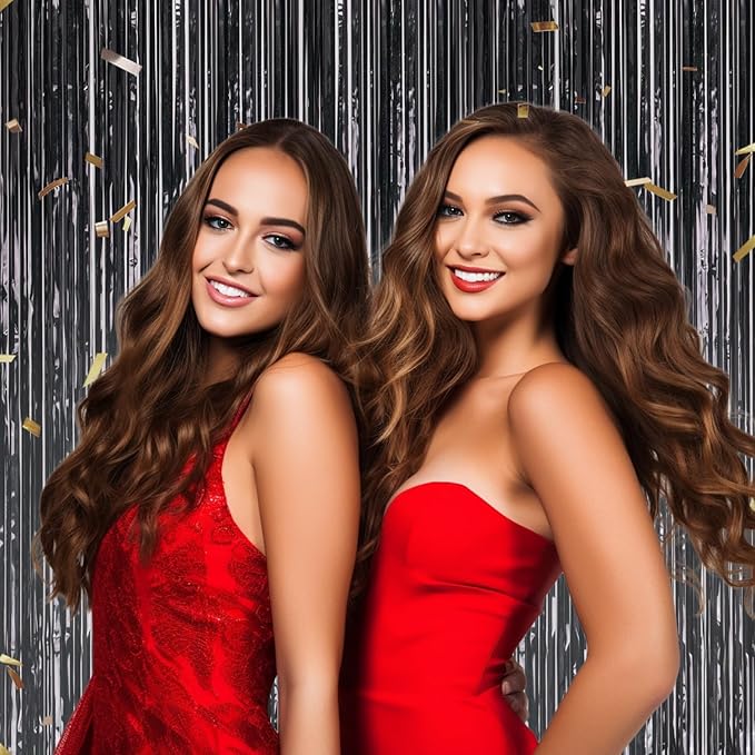 2 Pack Foil Fringe Backdrop - Laser Black Shiny Tinsel Curtains for Party Decoration/Photo Booth Props - 3.3x6.6 FT Metallic Foil Backdrop for Birthday, Wedding, Graduation, Christmas.
