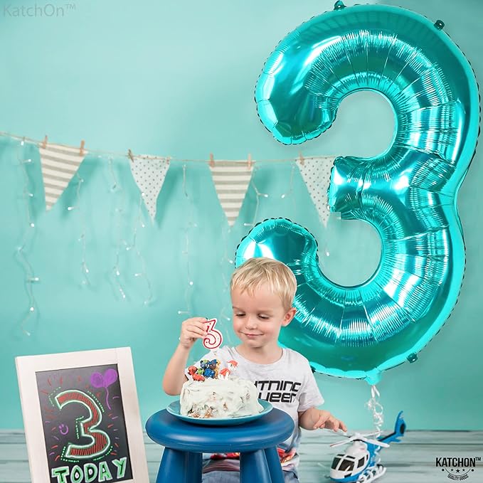 KatchOn, Teal Number 3 Balloon - Large, 40 Inch | Teal Blue 3 Balloon Number, Mermaid 3rd Birthday Decorations | Mermaid Birthday Decorations, Under The Sea Party Decorations