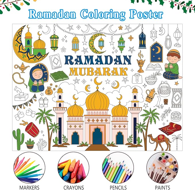Labeol Ramadan Decorations Giant Coloring Tablecloth Banner for Kids Ramadan Kids Coloring Crafts Activities Party Table Decor