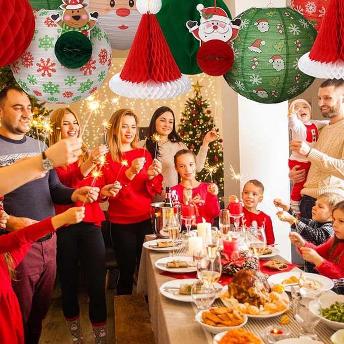 24 Pcs Christmas Hanging Paper Lanterns Party Decorations Red and Green Christmas Lanterns Garland Set Honeycomb Santa Hat 3D Snowman Reindeer Holiday Xmas Ornaments Home Winter Party Decor