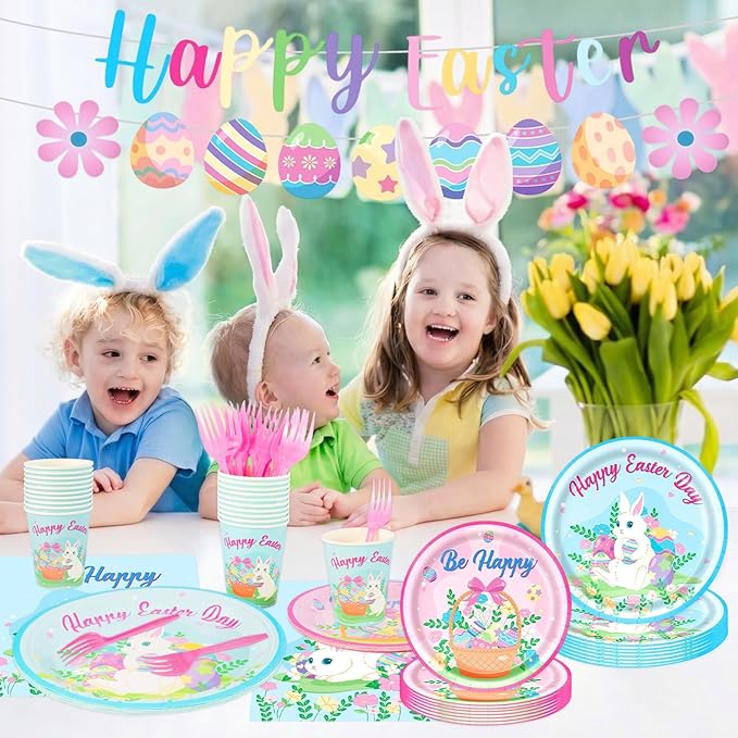 Easter Party Decorations Set, Bunny Easter Party Supplies with Banner, Plates, Napkins, Tablecloth, Cups and Forks, Pastel Easter Egg Theme Tableware Kit for 24 Guests