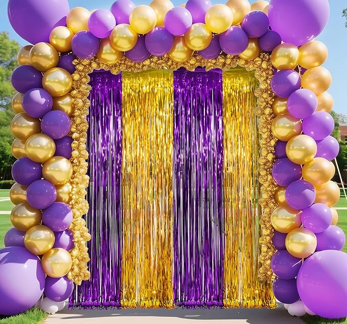 LOLStar Graduation Party Decoration, 2 Pack Purple and Gold 3.3x6.6 ft Foil Fringe Curtains, Tinsel Backdrop, Graduation Photo Booth Prop Streamer Backdrop for Class of 2026, Prom and Grad Party Decor