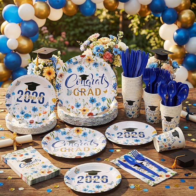 400 Pcs Class of 2026 Blue Floral Graduation Decorations for 50 Guests, Blue Gold Flower Graduation Paper Plates Napkins and Cups Cutlery Grad Tableware for 2026 Congrats Grad Party Supply