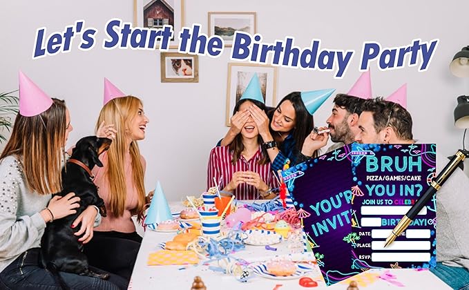 CLIRBE Bruh Birthday Party Invitations, Glow Neon Invited Birthday Invitations For Brother Bro Teen Boys, 20 Invites Cards With 20 Envelopes, Party Supplies Favors -H04