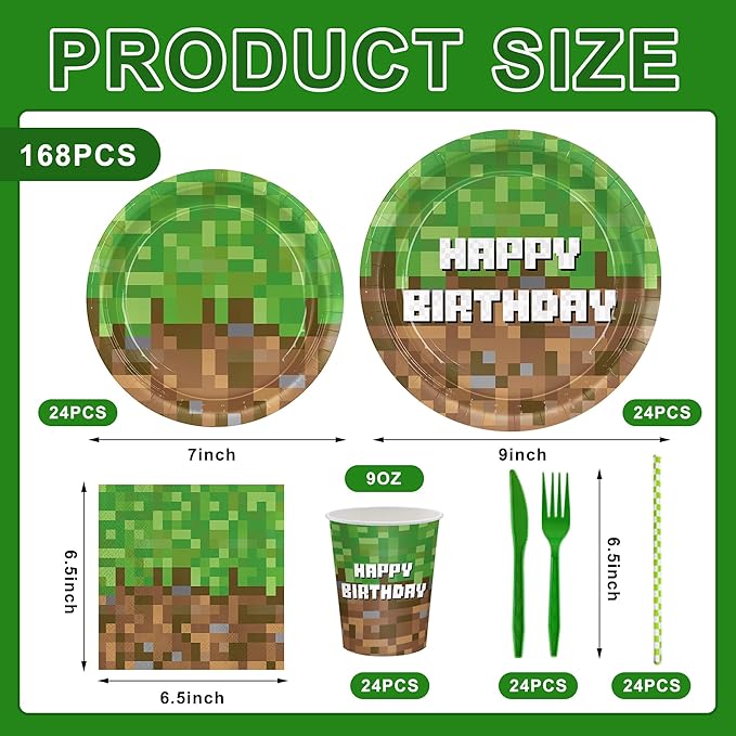 168pcs Pixel Plates Napkins Party Supplies Paper Cups Green Forks Disposable Birthday Tableware Set Party Decorations for Boys Kids Birthday Decor Serves 24