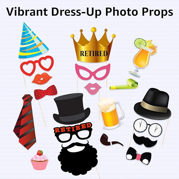 Scapa Pro Retirement Photo Booth Props 36 pc Party Supplies for Pictures and Decorations Includes Colorful Photo Props and Phrase Signs Unisex Retirement Decor