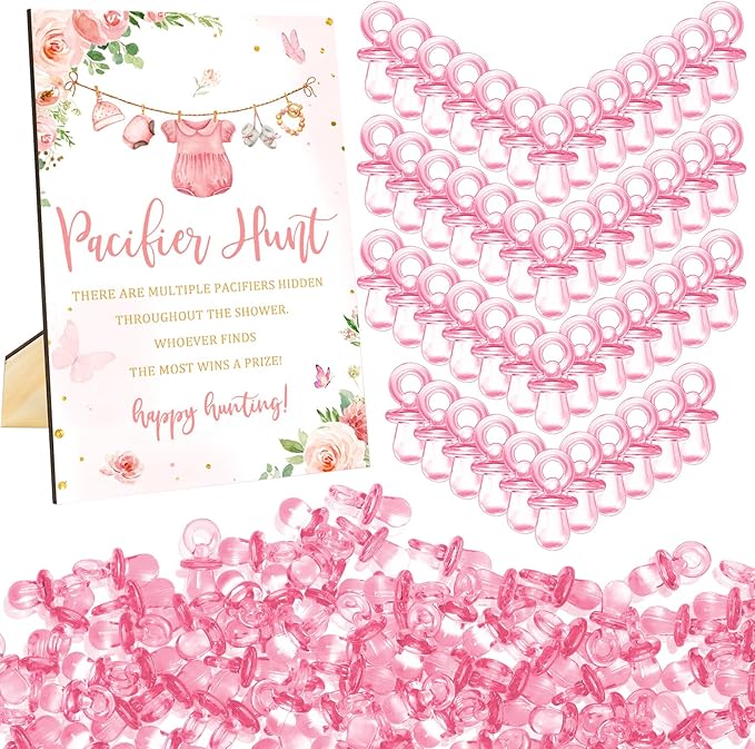 Whaline 51 Pcs Pacifier Hunt Baby Shower Game Include Pink Watercolor Flower Clothes Wooden Sign 50 Pink Plastic Pacifier for Gender Reveal Party Favor Gift Supplies