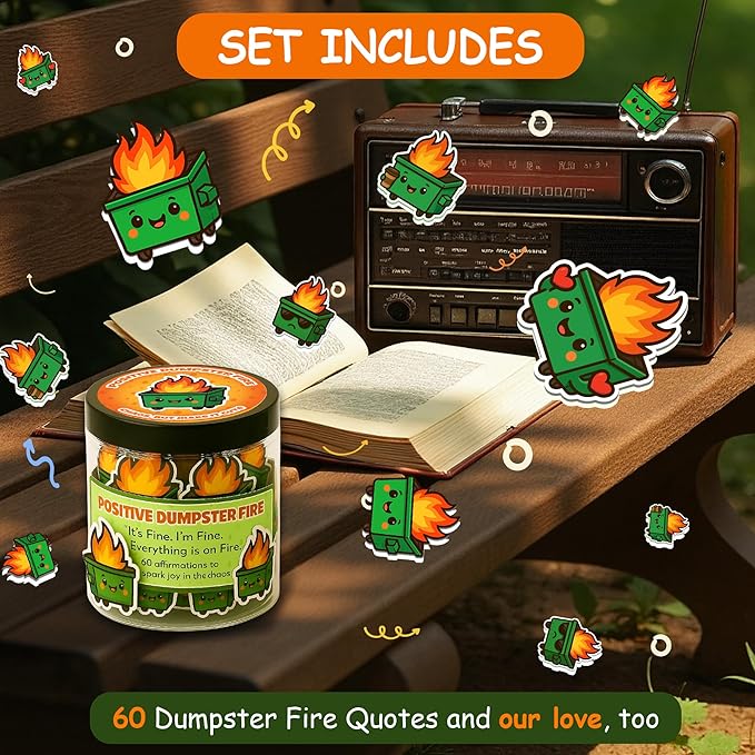 60 Positive Dumpster Fire Cards Jar, Easter Basket Stuffers for Teens, Emotional Dumpster Fire Desk Accessories, Affirmation Cards for Women, Teens Girl, Coworker, Dumpster Fire Zen Garden