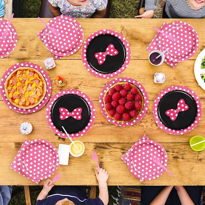 96Pcs Pink Mouse Party Supplies Xmas Cartoon Mouse Paper Plates and Napkins Tableware Sets Pink White Polka Dot Bow Decorations for Kids Girls Birthday Baby Shower Cute Cartoon Theme Party Serves 24